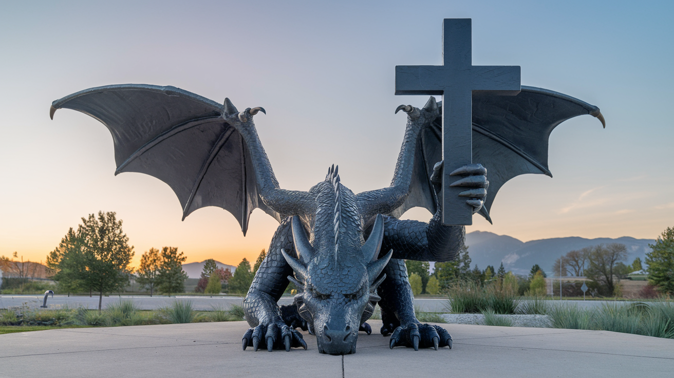 A photo of a dragon statue with its head bowed down in respect and its wings spread wide. The dragon is holding up a large cross in its front claws. The background is a serene landscape with mountains, trees, and a clear sky.