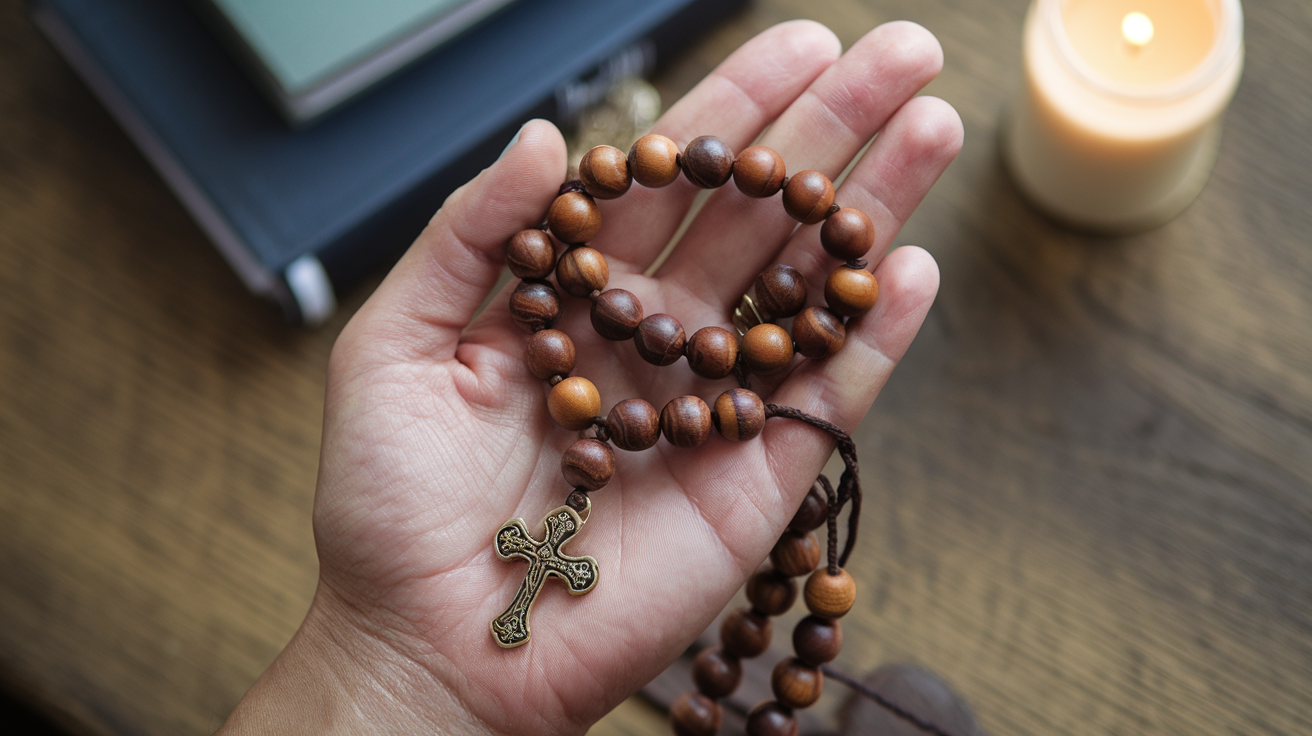 A photo of a set of Anglican prayer beads. The beads are made of brown wood and are strung on a brown cord. The beads are held in the palm of a hand. The background is a wooden surface with a few books and a candle.