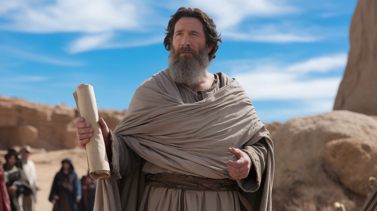 A cinematic medium shot of Joshua from the Bible. He is standing in a rocky terrain with a blue sky overhead. Joshua is wearing a beige robe and has a long white beard. He is holding a rolled-up parchment in his left hand. The background contains a group of people and a large rock.