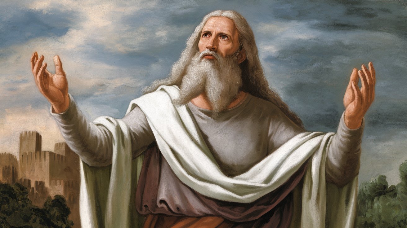 A painting of Abraham with long white hair and a white beard. He is wearing a white robe. He is standing outside with his hands raised towards the sky. The background contains a city with towers and a large building. The sky is cloudy.